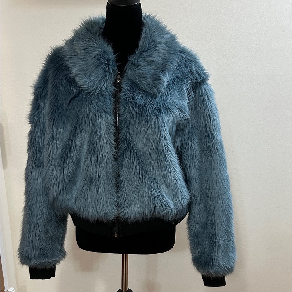 Express x Negin Mirsalehi Faux Fur Bomber Jacket in Blue